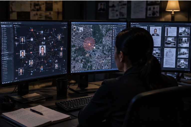 An investigator reviewing a link-analysis chart, a map and case files across three monitors